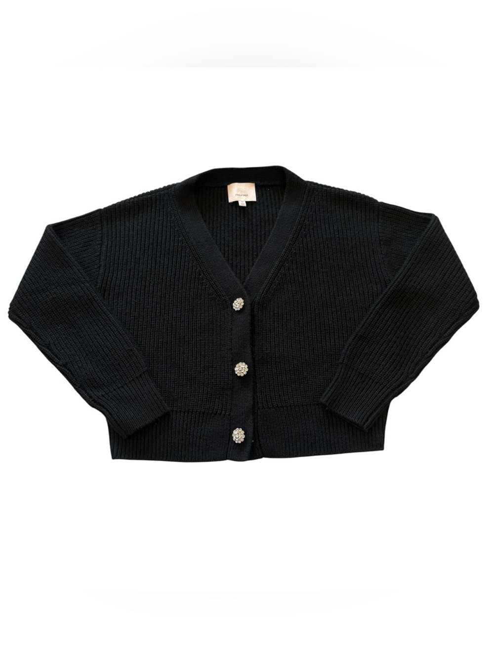 Cinq à Sept XS Black Rhinestone Button Wool Blend Cropped Cardigan Party Sweater